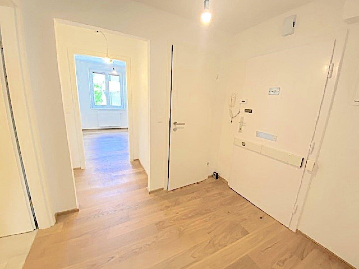 Heller Flur mit Holzboden und weiß gestrichenen Wänden, führt zu weiteren Räumen.