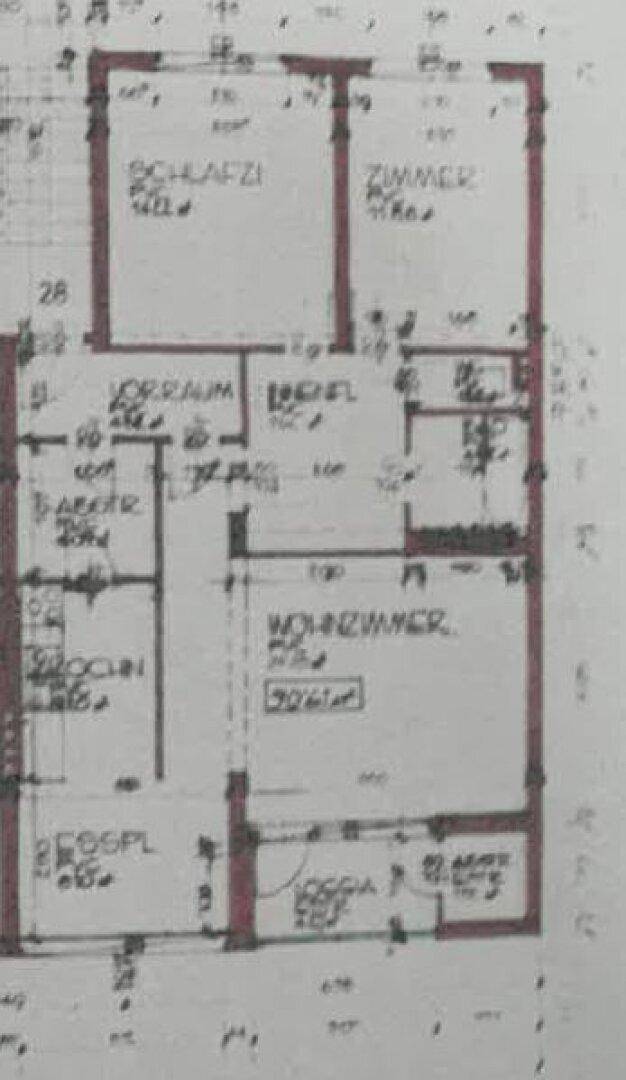 Grundrissplan mit Schlafzimmern, Wohnzimmer, Essplatz und Loggia.