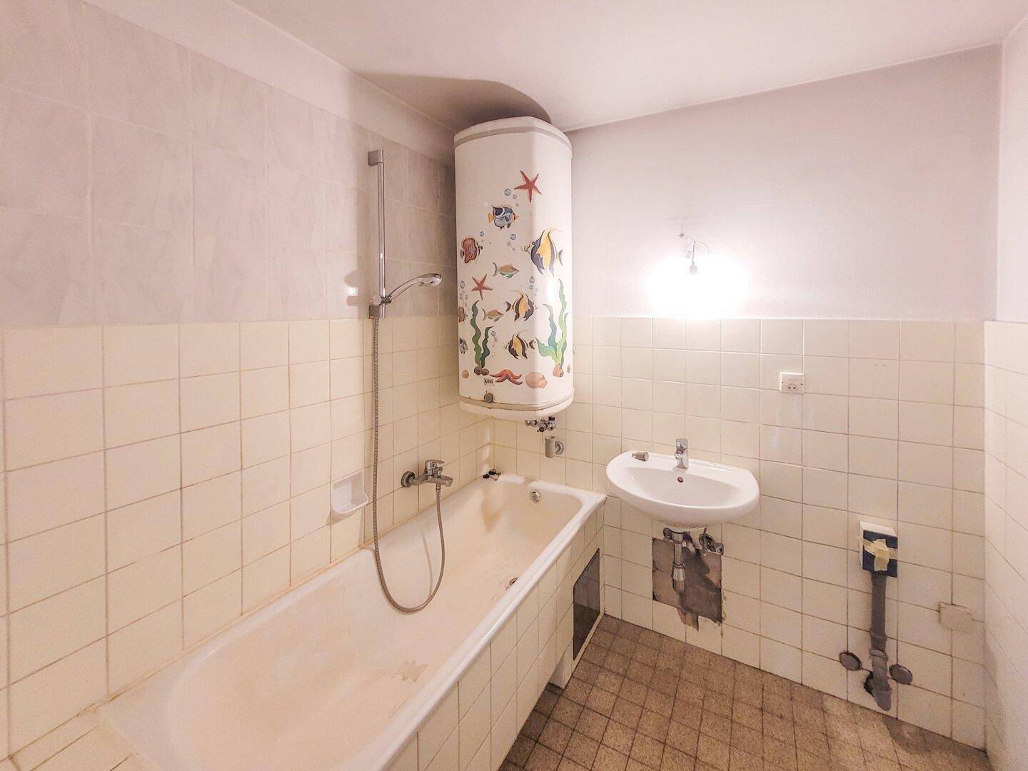 Badezimmer mit Badewanne, Waschbecken und einem Warmwasserboiler mit Fischmotiven.