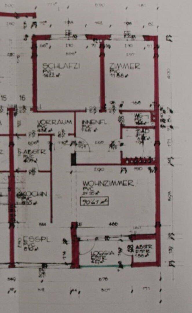 Grundrissplan mit Schlafzimmern, Wohnzimmer, Essbereich und einer Loggia.