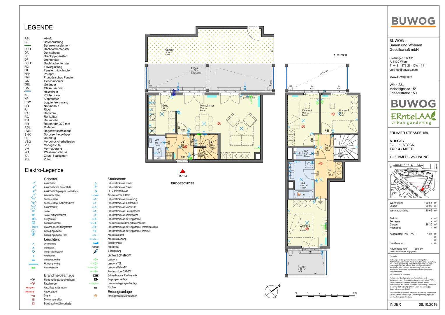 Detaillierter Grundriss der Wohnung Top 3 über zwei Etagen mit Loggia und Garten.