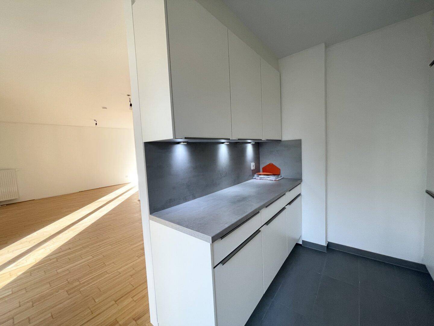Offener Küchenbereich mit modernen Schränken und Blick auf den angrenzenden Wohnraum.