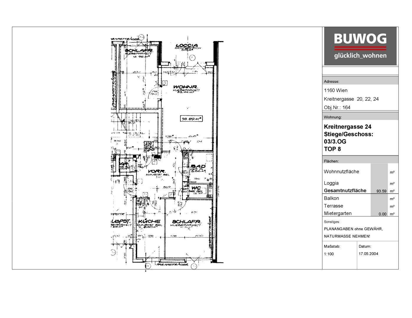 Grundriss der Wohnung mit Loggia, Wohnzimmer, Küche, Bad und zwei Schlafzimmern.