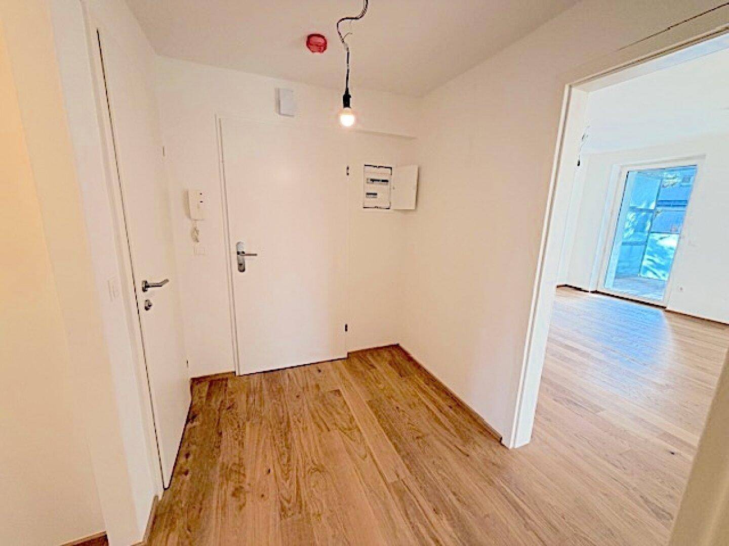 Heller Flur mit Holzboden und weiß gestrichenen Wänden, inklusive Sicherungskasten.