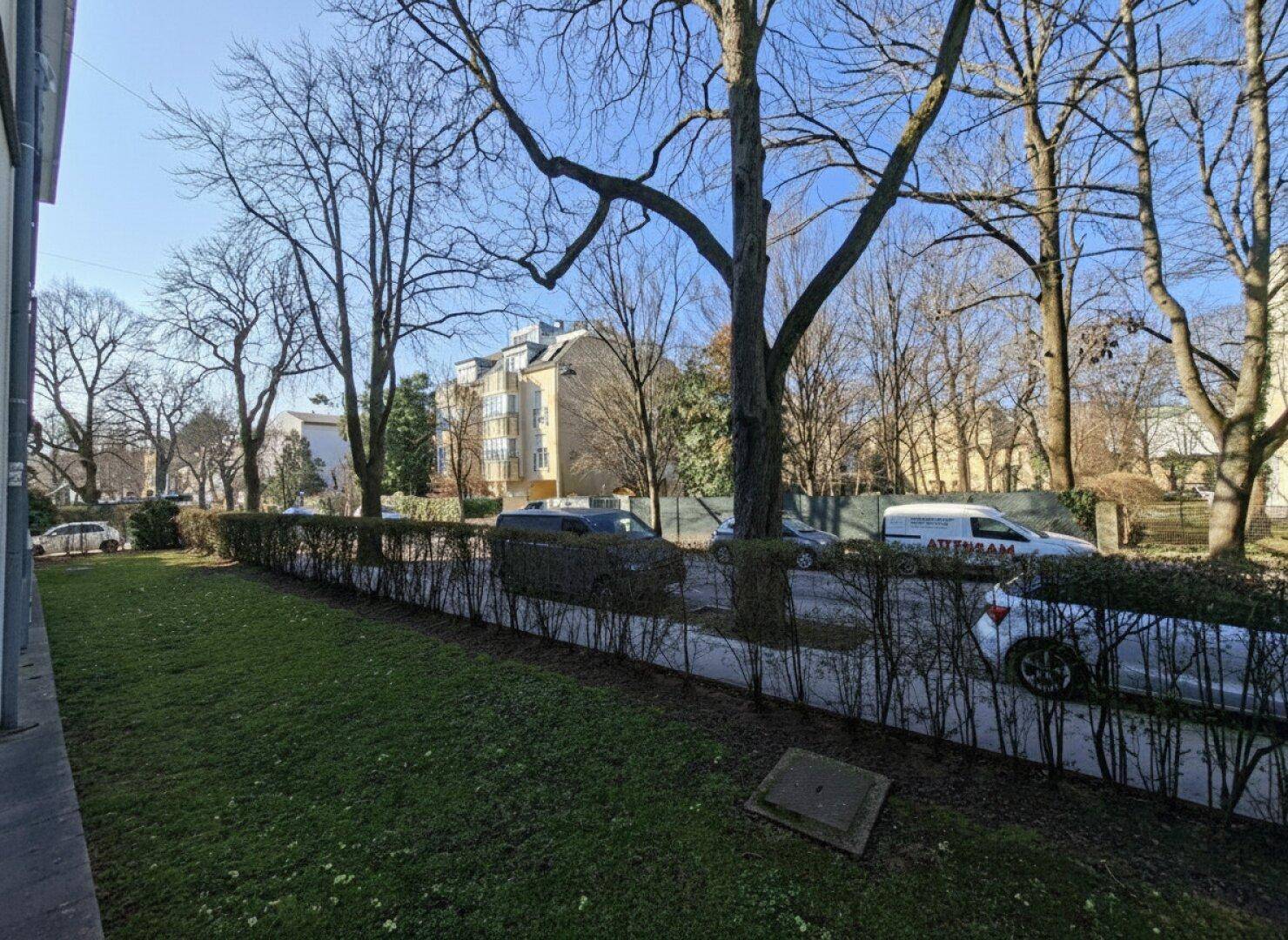 Weitläufiger Blick von einem Balkon auf die Straße mit parkenden Autos und Bäumen.