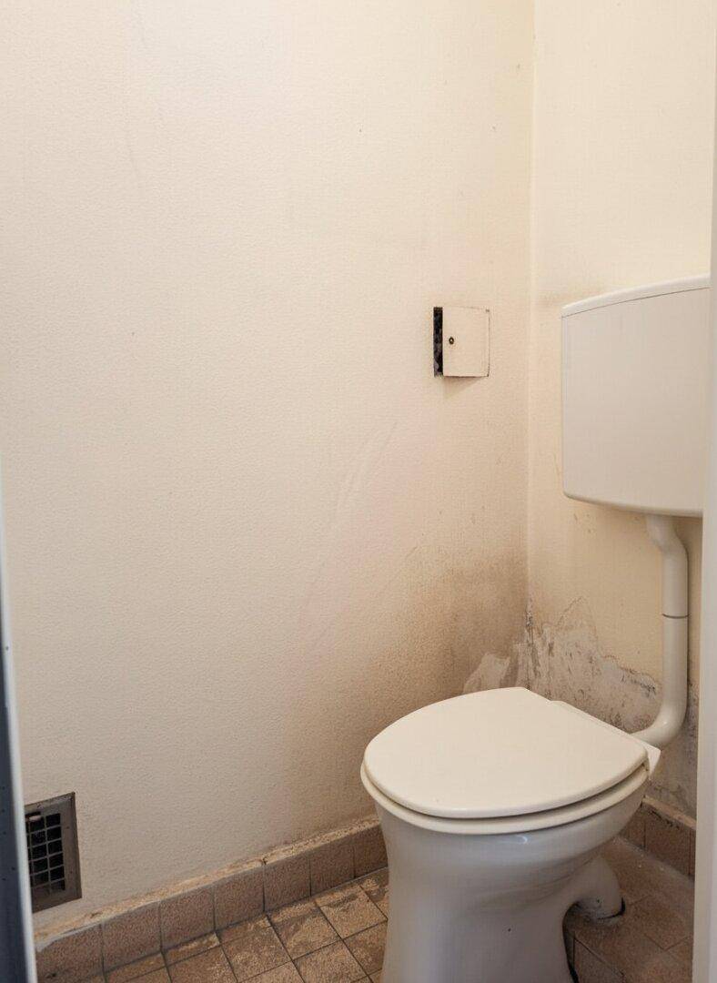 Kleines WC mit Toilette und Lüftungsgitter, das eine Modernisierung benötigt.
