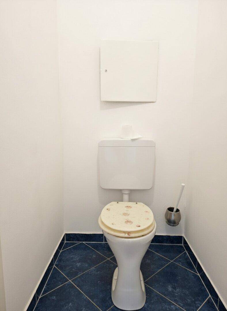 Separate Toilette mit WC und blauen Bodenfliesen, in einem schlichten Design gehalten.