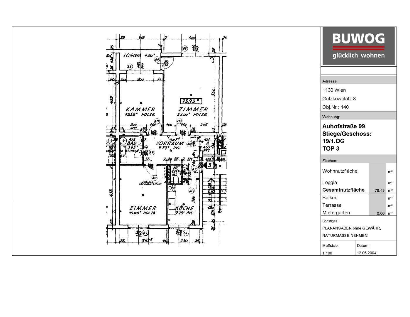 Grundriss einer Wohnung mit Loggia und detaillierten Flächenangaben in einem Dokumentrahmen.