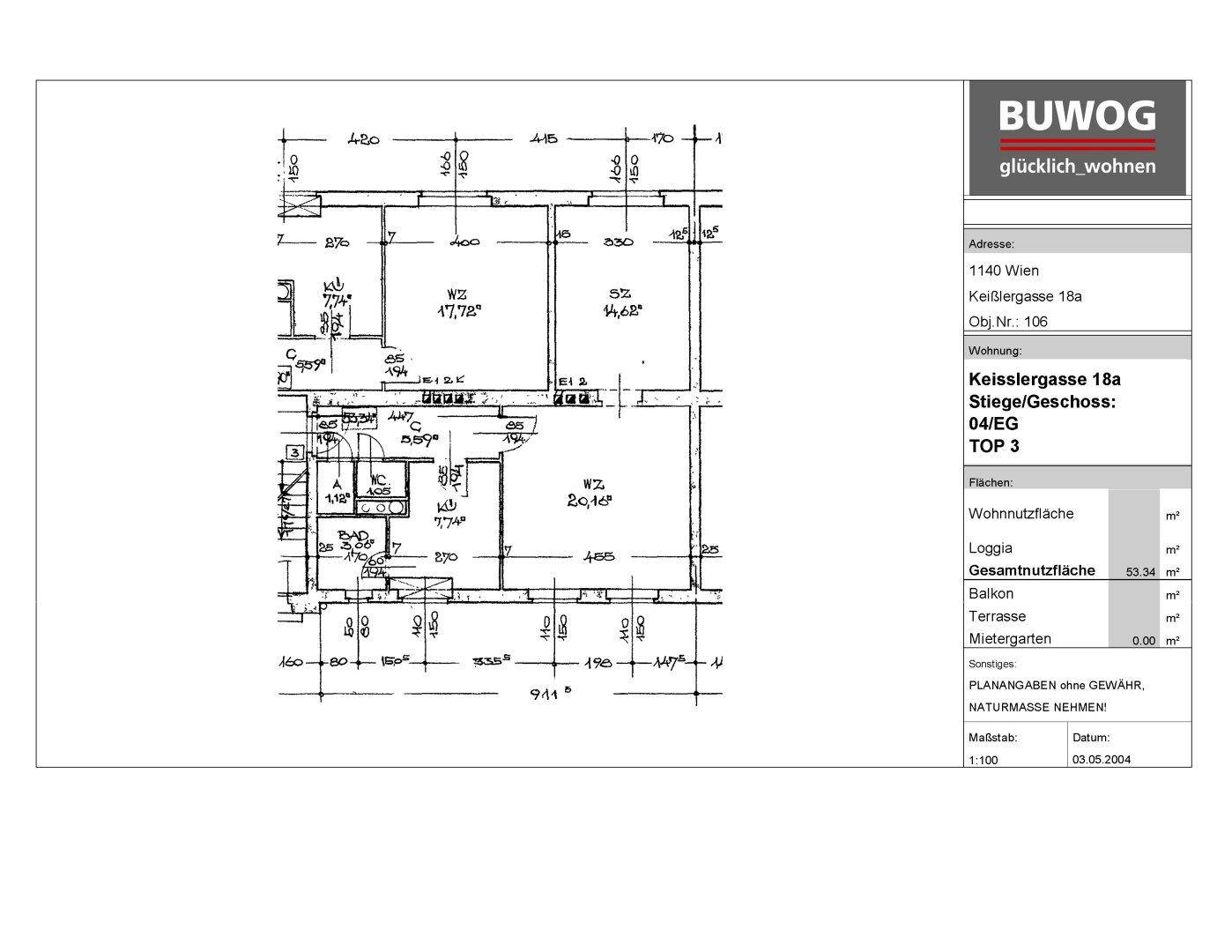 Offizieller Grundriss der Wohnung mit Raummaßen und Firmenlogo von BUWOG.