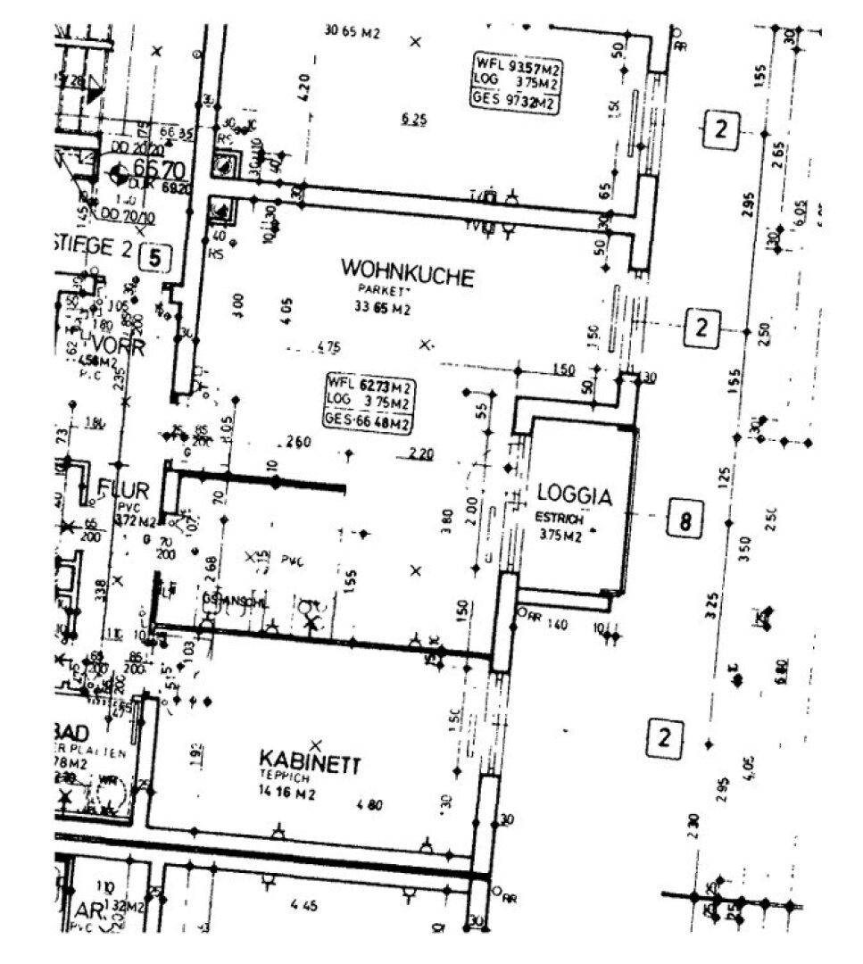 Detaillierter Grundriss einer Wohnung mit Wohnküche, Loggia, Bad und weiteren Räumen.