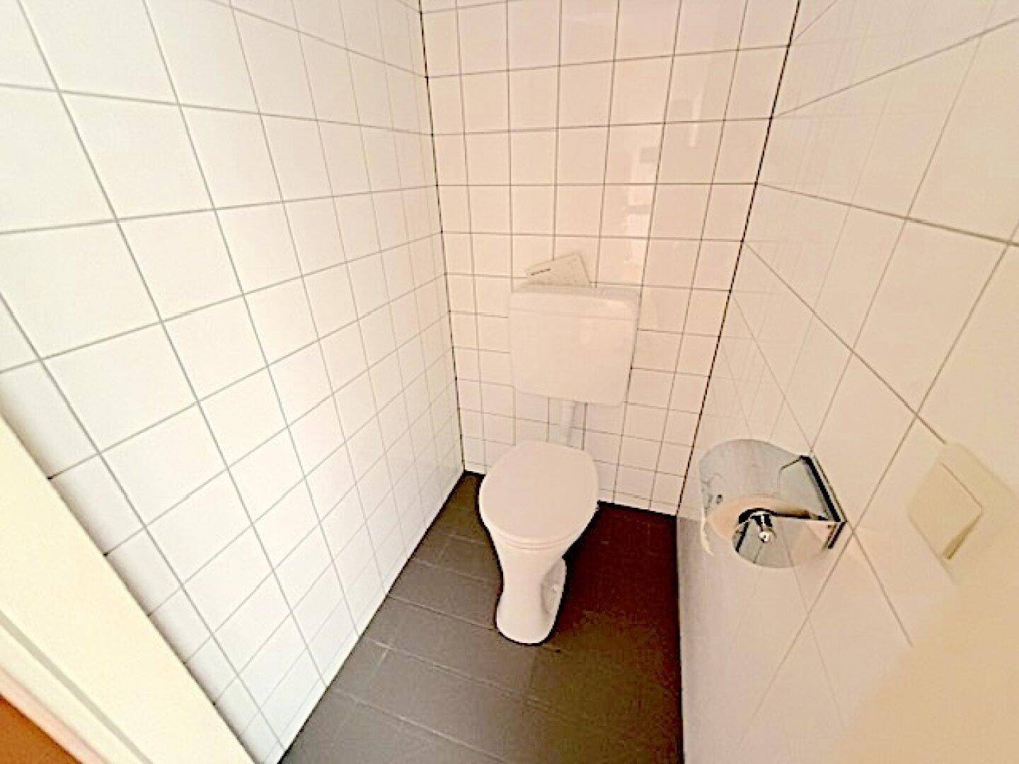 Separates WC mit weißen Fliesen und dunklem Boden, ausgestattet mit einer Toilette.