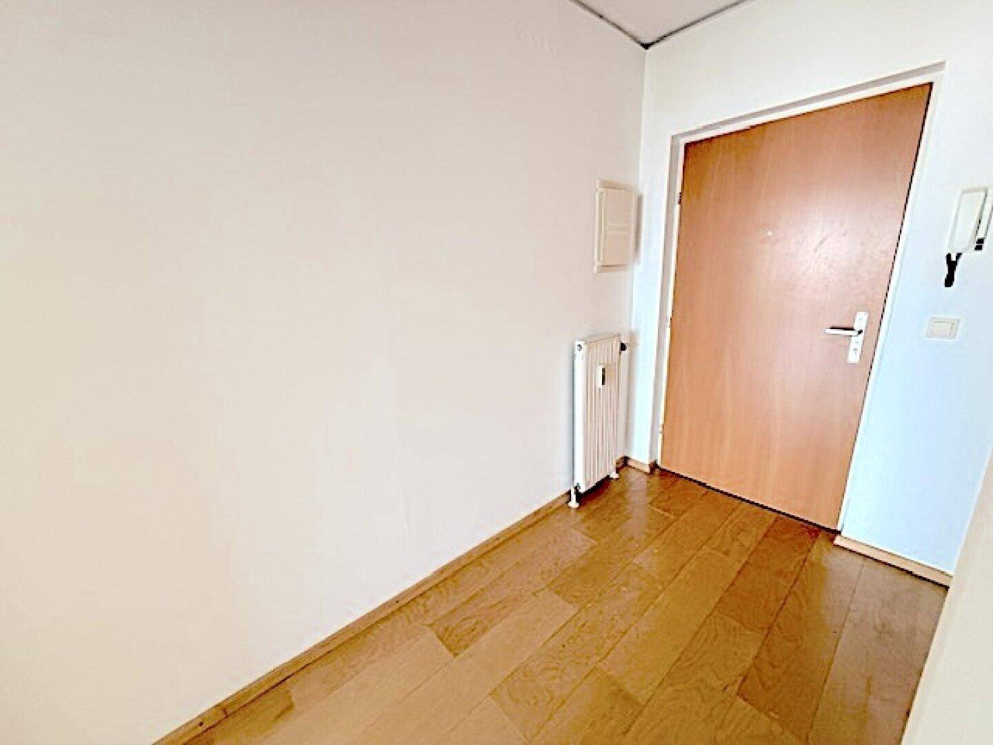 Heller Eingangsbereich mit Parkettboden und einer Holztür, bietet Zugang zur Wohnung.