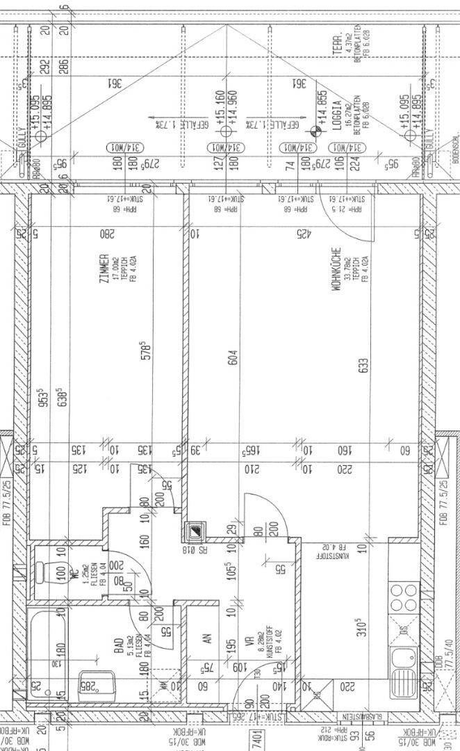 Detaillierter Grundriss einer Wohnung mit Zimmern, Bad, Küche und großer Terrasse.