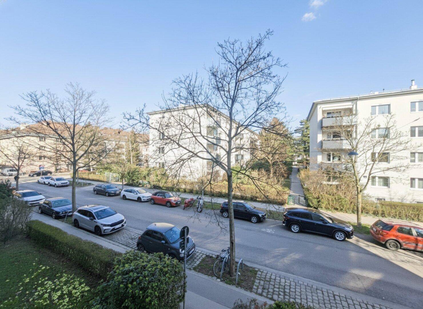 Panoramablick auf eine ruhige Wohnstraße mit vielen parkenden Autos und Bäumen.