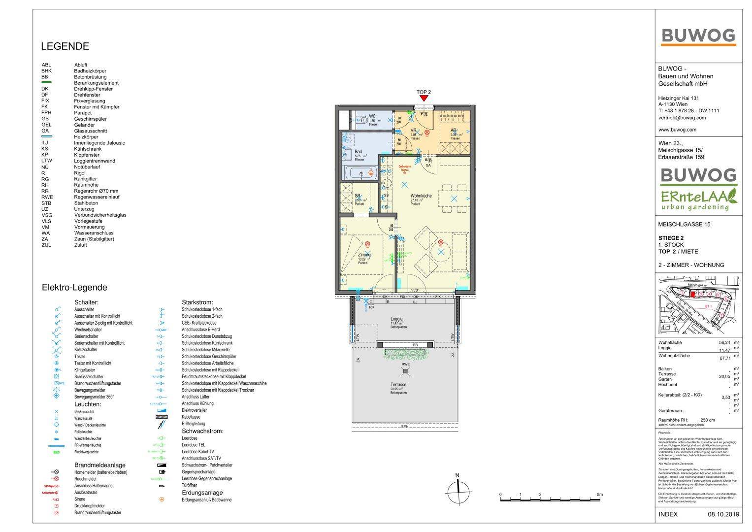 Detaillierter Grundriss einer 2-Zimmer-Wohnung mit Loggia und Terrasse.