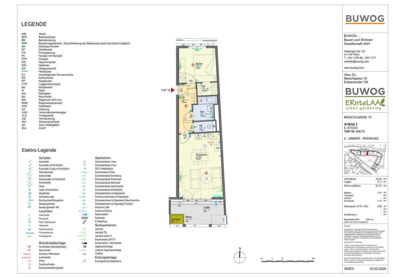 Detaillierter Grundriss einer 2-Zimmer-Wohnung mit Loggia und Balkon.