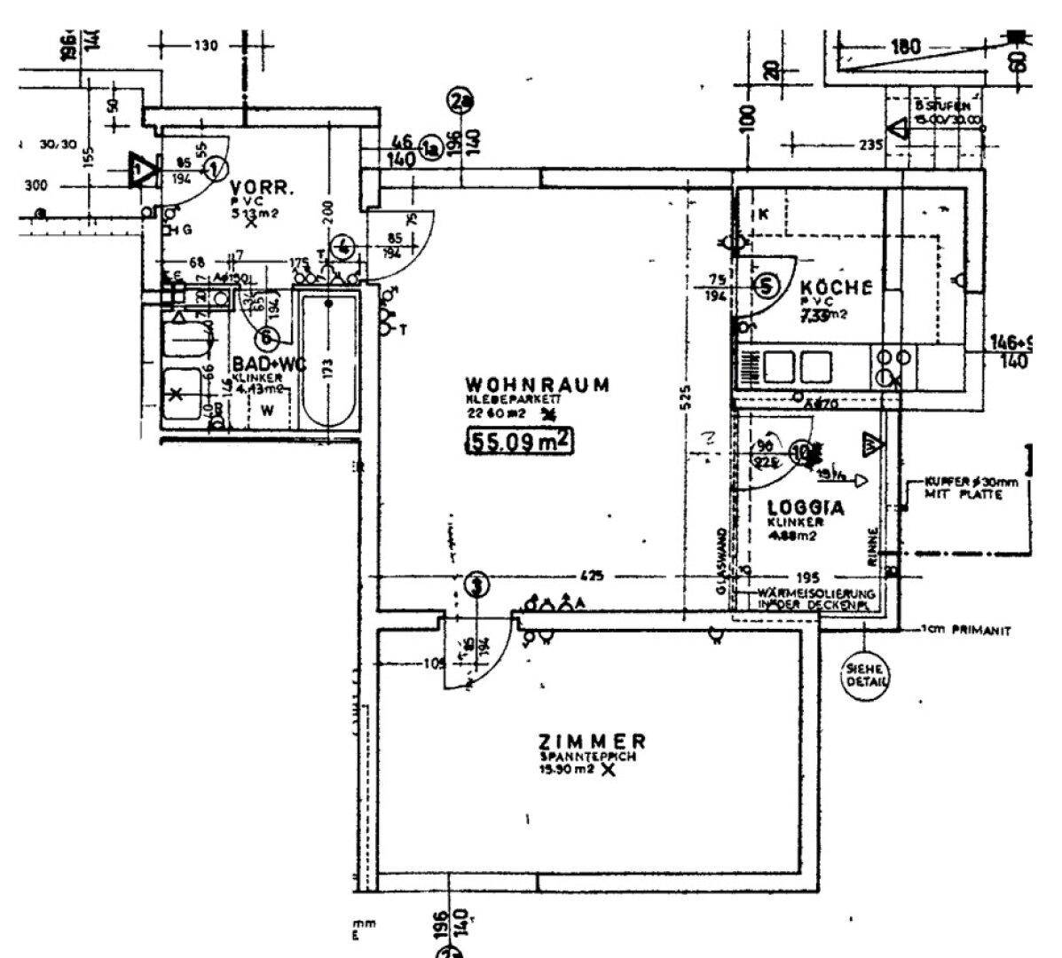 Detaillierter Grundriss mit Wohnraum, Küche, Bad und Loggia, inklusive Flächenangaben.