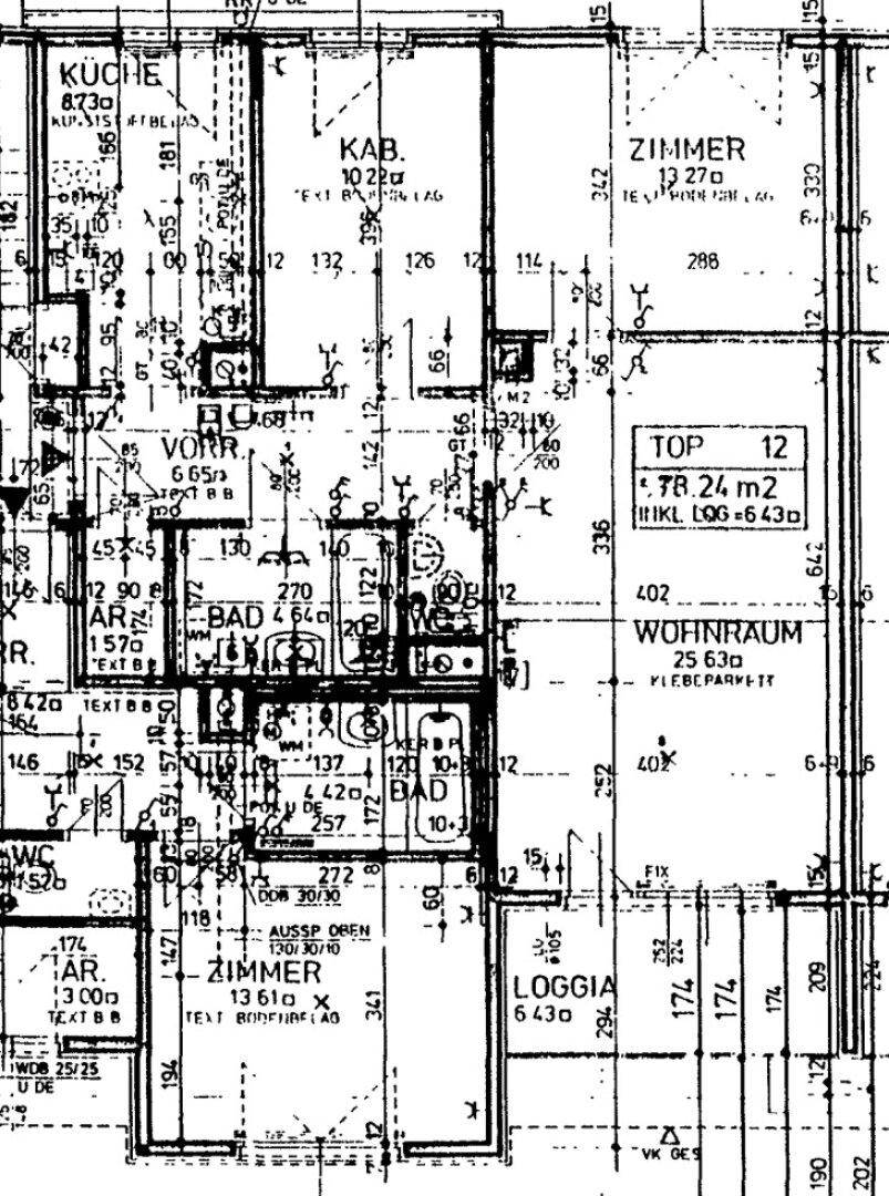 Detaillierter Grundriss einer Wohnung mit Zimmeraufteilung, Loggia und mehreren Bädern.