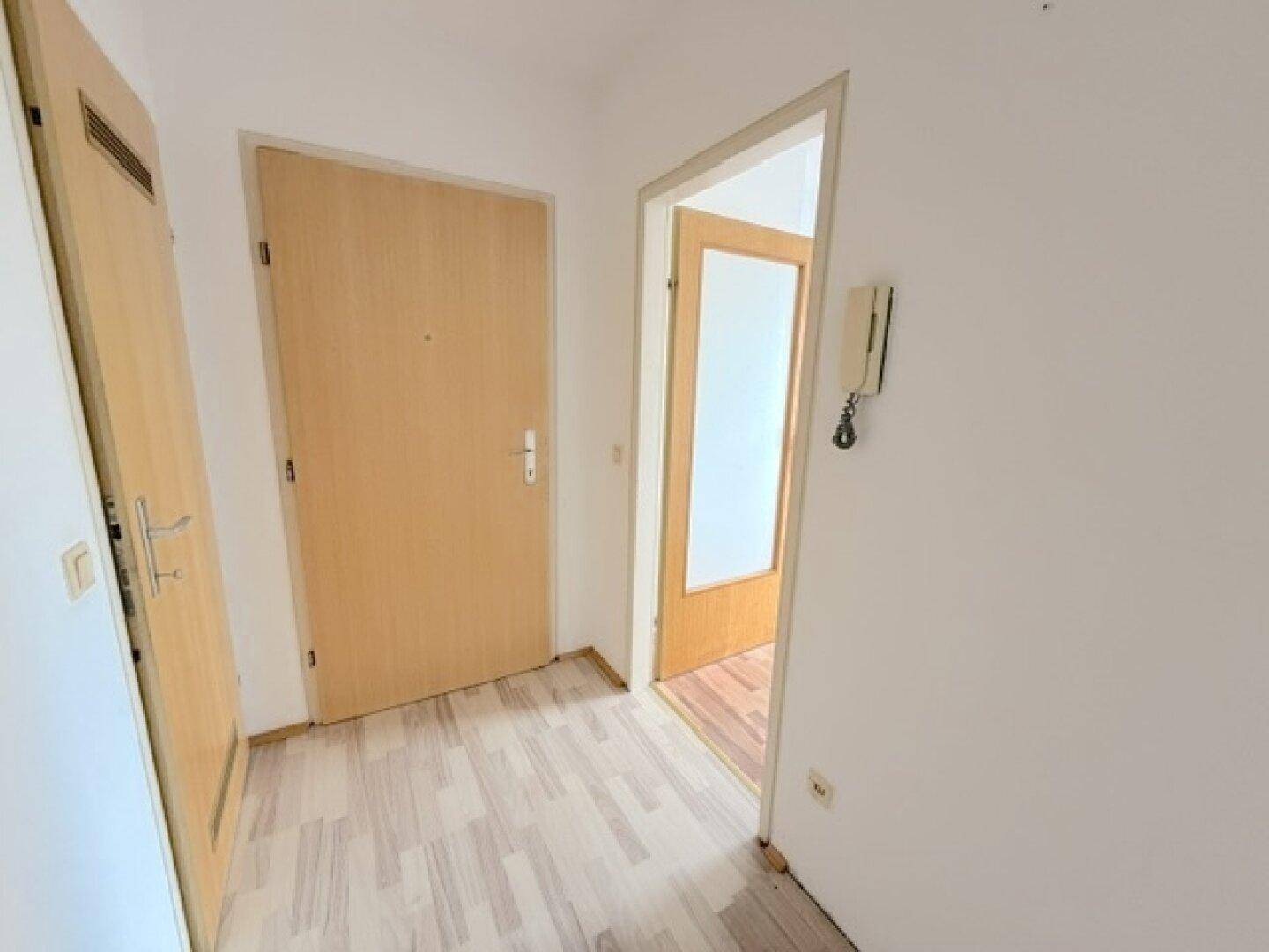 Heller Flur mit Laminatboden und Holztüren, der zu weiteren Räumen führt.