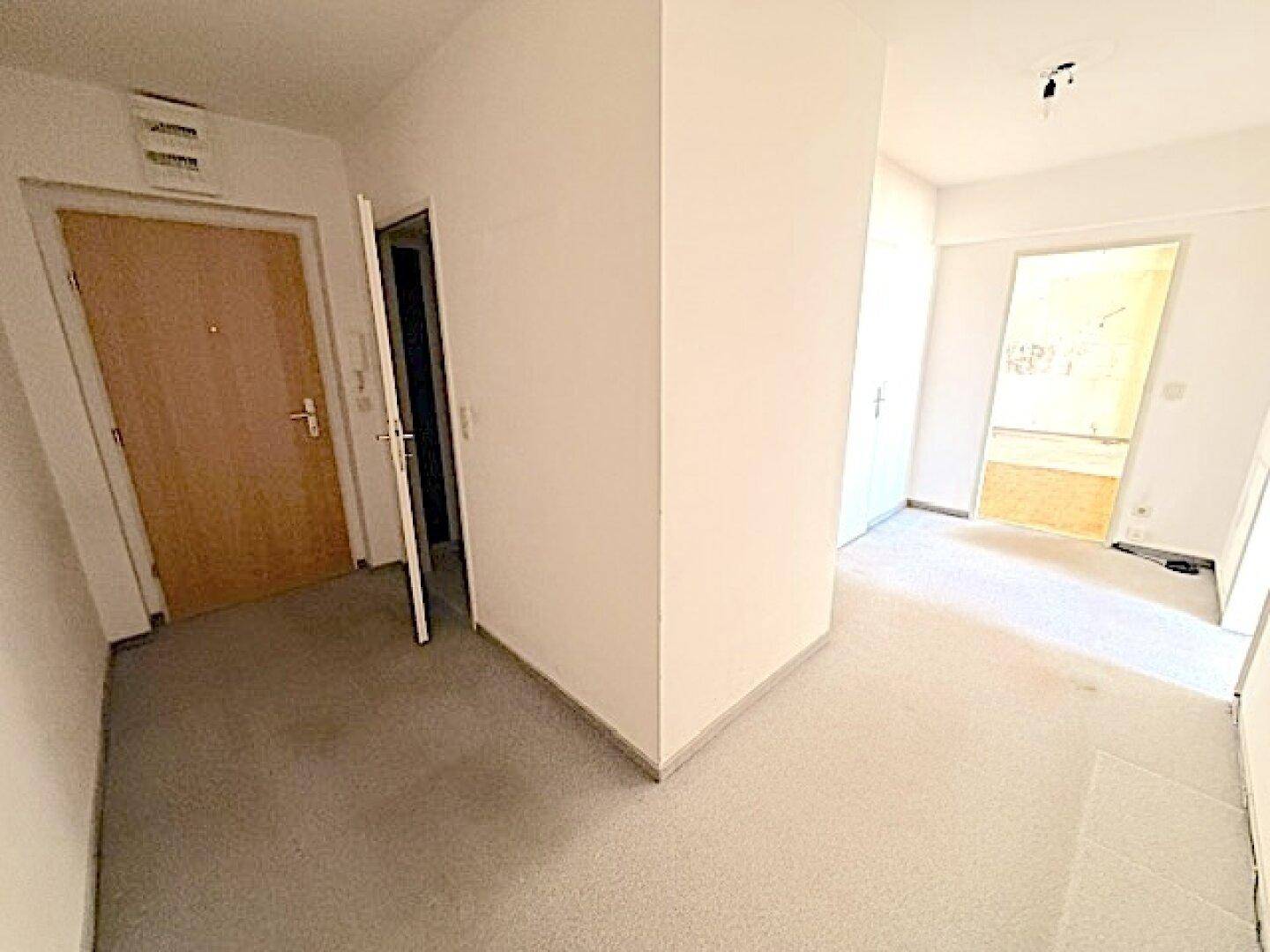 Eingangsbereich mit Teppichboden und Holztür, der zu den Wohnräumen führt.