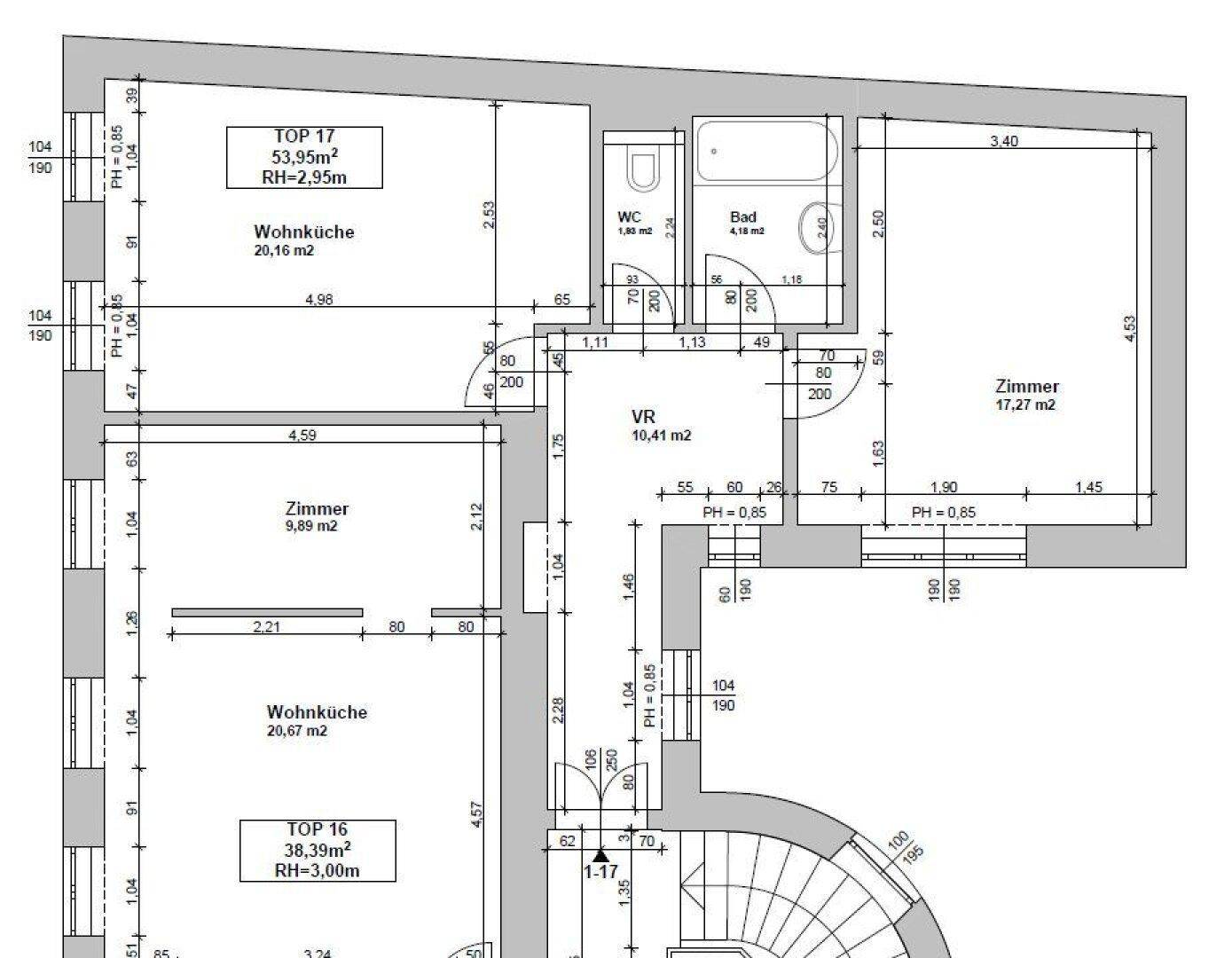 Grundrissplan zeigt zwei Wohneinheiten mit Wohnküchen, Zimmern und Bädern.