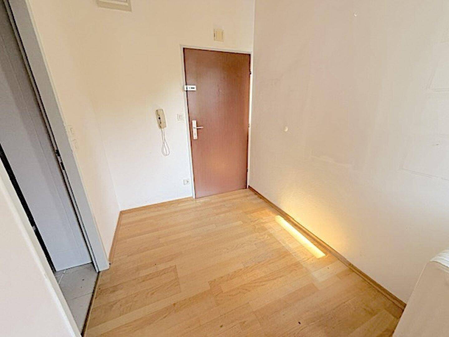 Eingangsbereich mit Parkettboden und Gegensprechanlage, bietet direkten Zugang zur Wohnung.