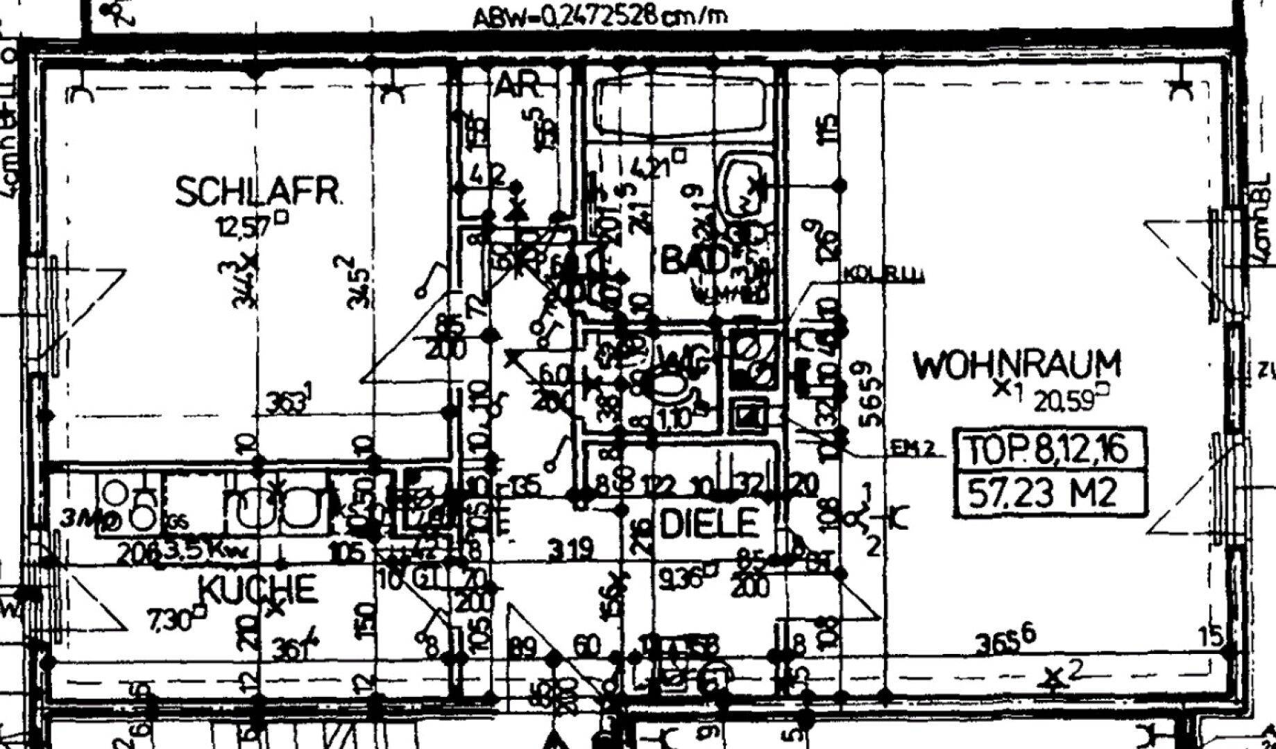 Detaillierter Grundriss mit Raumaufteilung für Schlafzimmer, Bad, WC, Diele, Wohnraum und Küche.
