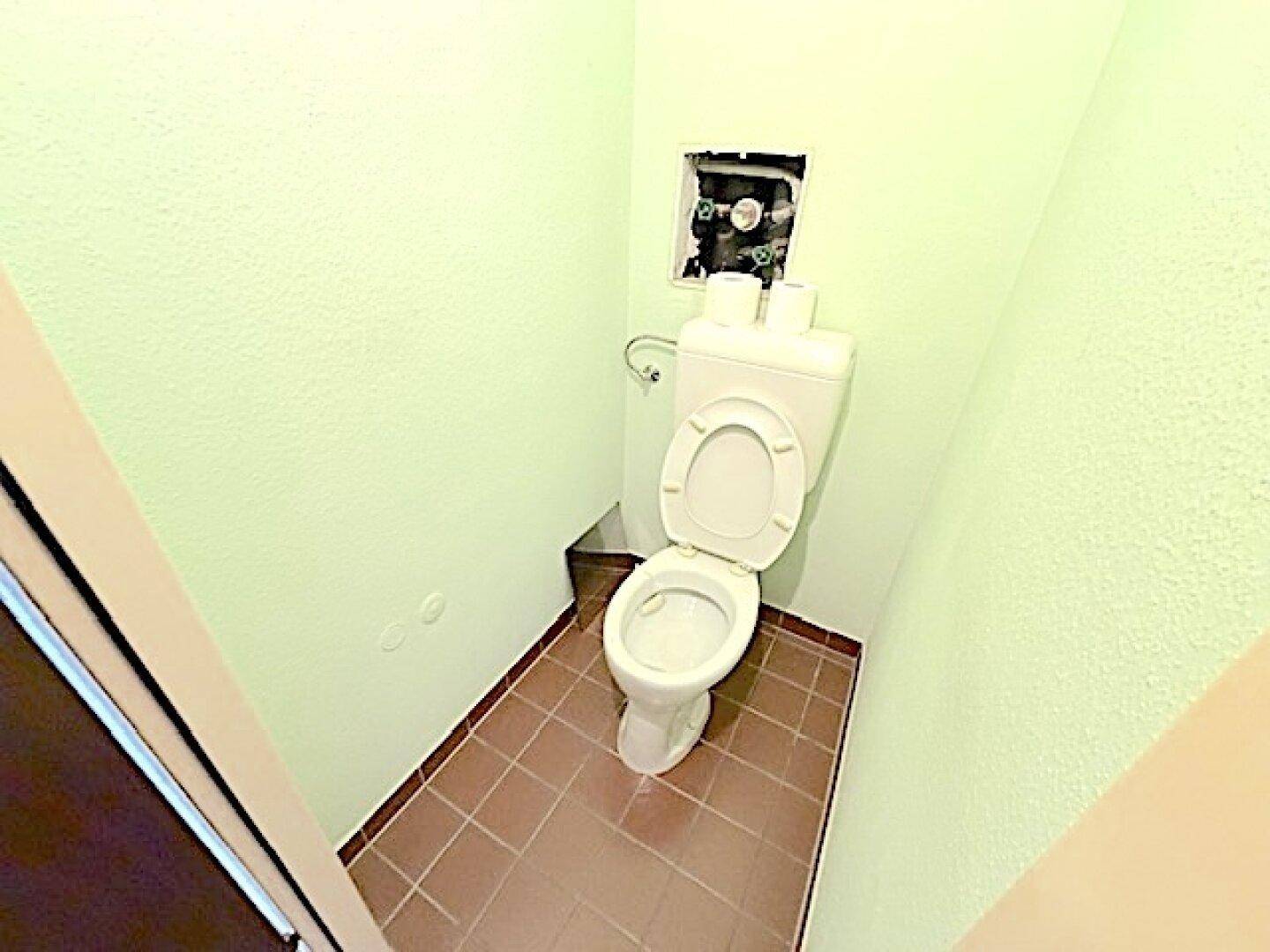Kleines Gäste-WC mit Toilette und braunen Bodenfliesen, in hellem Grünton gestrichen.
