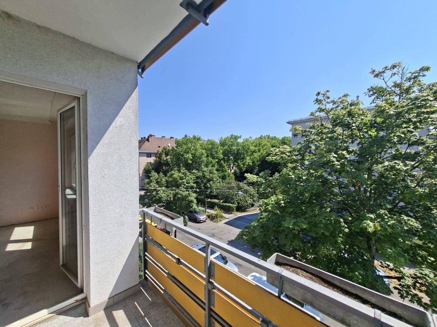 Balkon mit Blick auf grüne Bäume und die darunter liegende Straße.
