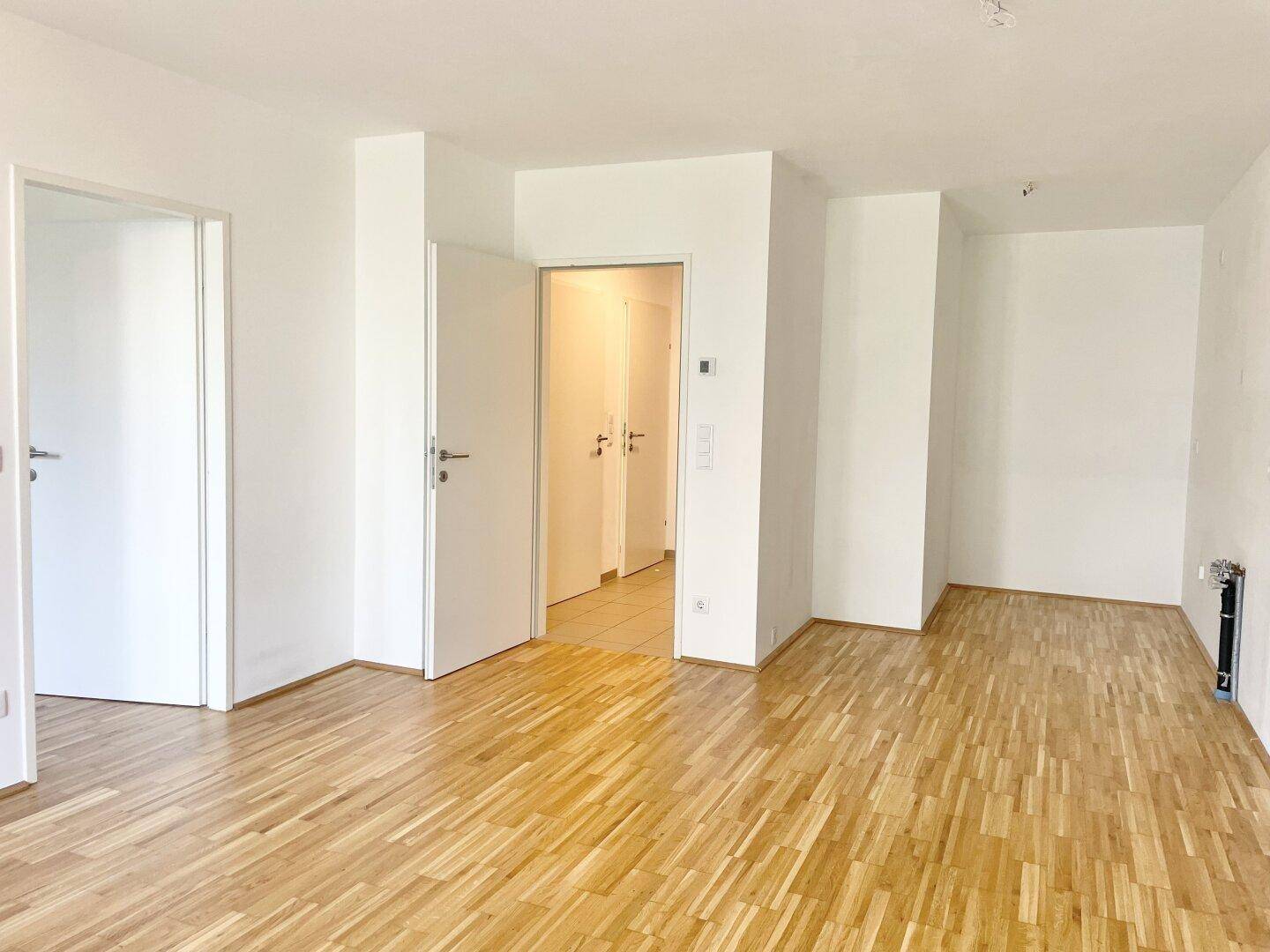 Heller Raum mit Holzboden und mehreren Türen, der als Wohnbereich oder Flur dienen könnte.