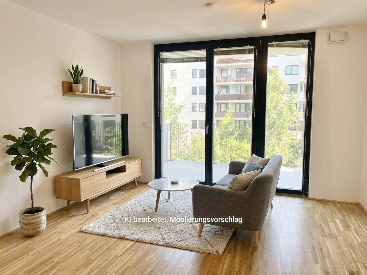 Helles Wohnzimmer mit Holzboden, modernen Möbeln und Zugang zu einem Balkon.