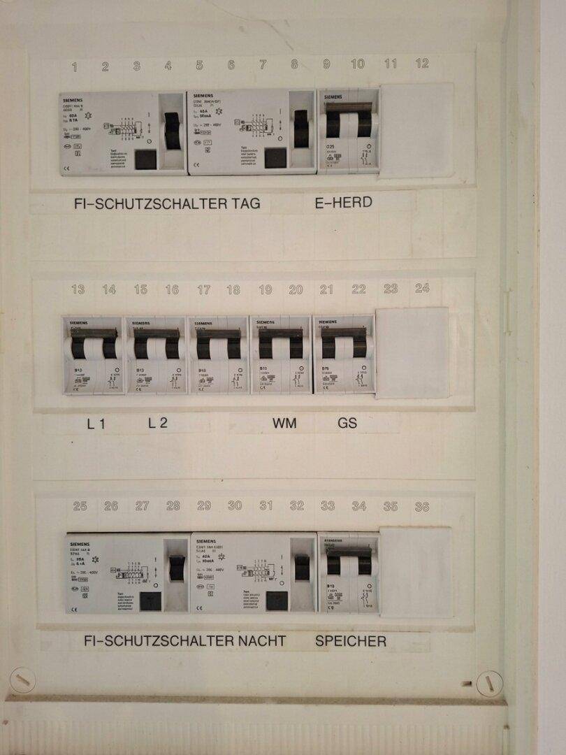 Elektrischer Sicherungskasten mit verschiedenen Schaltern und Beschriftungen.