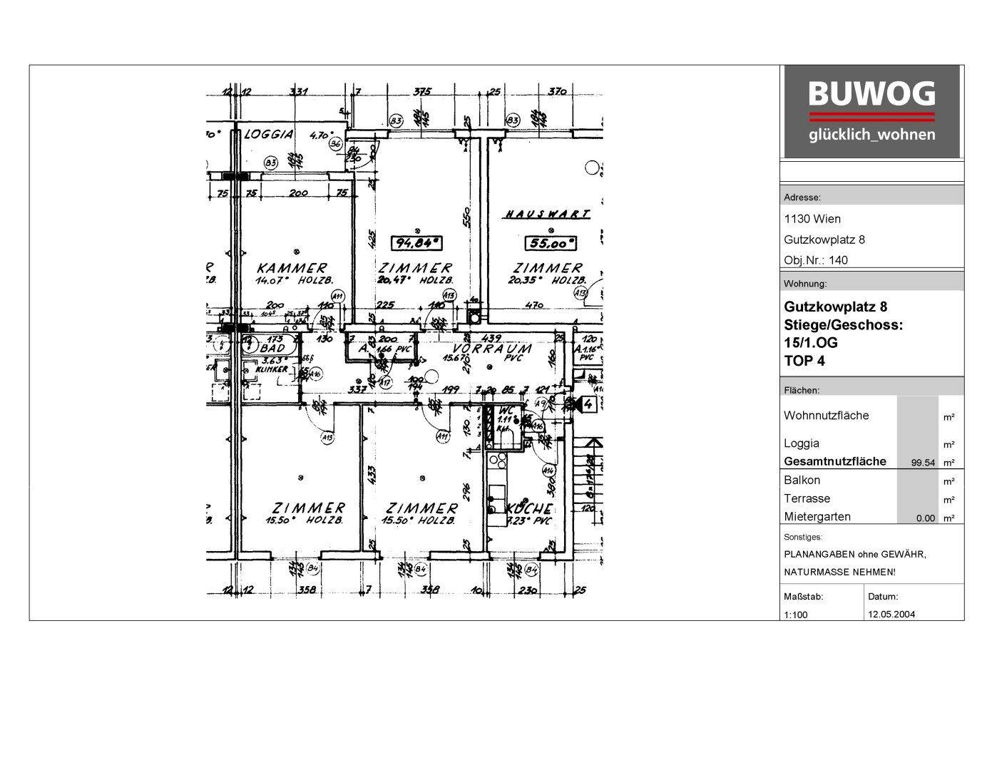 Grundriss einer Wohnung mit Loggia und detaillierten Raumaufteilungen, inklusive Firmenlogo und Adressinformationen.