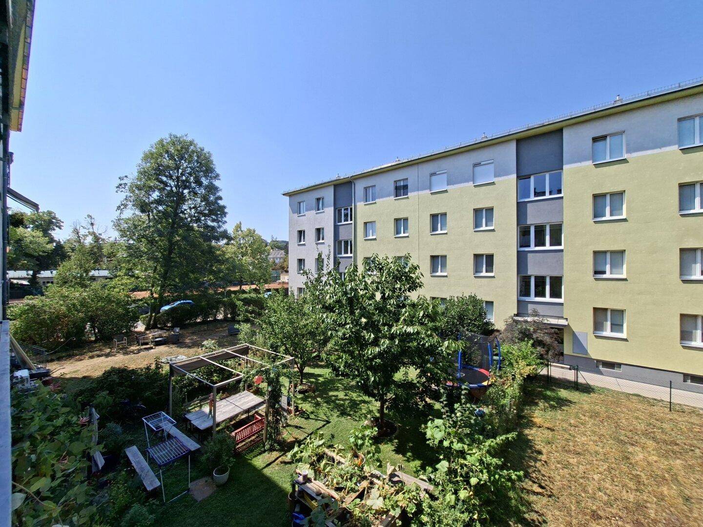 Blick auf den begrünten Innenhof mit Bäumen, Sträuchern und einem Trampolin.