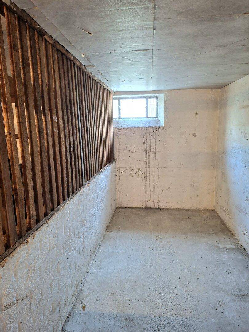 Kellerraum mit Betonboden, weiß gestrichenen Wänden und einem kleinen Fenster.