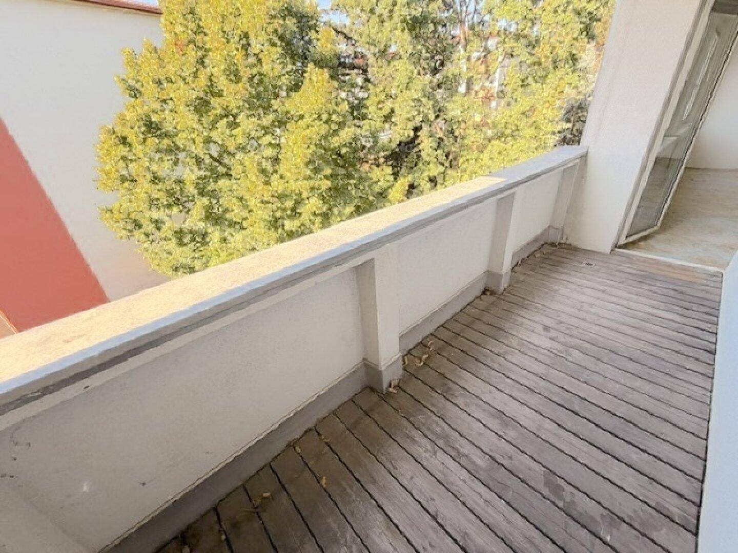 Balkon mit Holzboden und einem schönen Blick auf einen großen, grünen Baum.