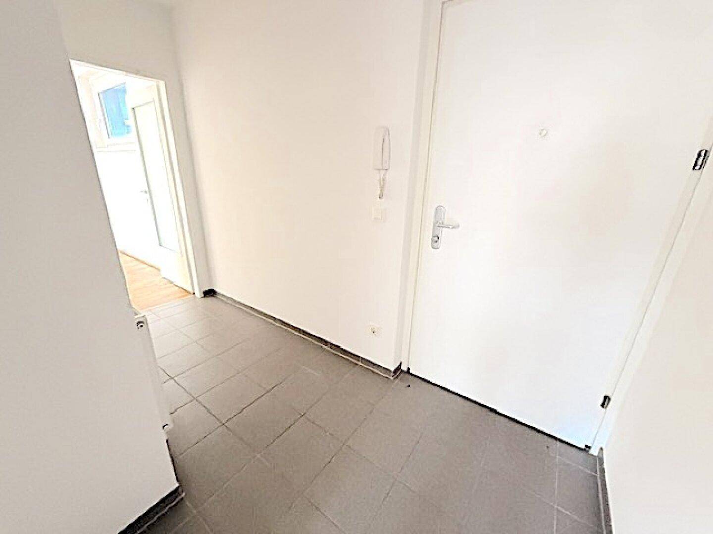 Eingangsbereich mit grauen Fliesen und weißer Eingangstür, hell und funktional.