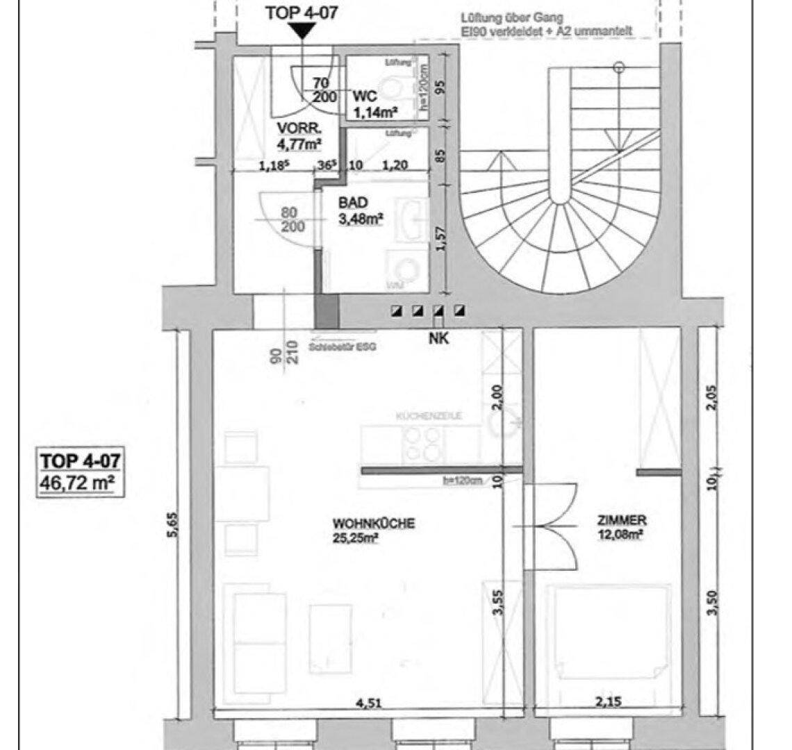 Detaillierter Grundriss der Wohnung TOP 4-07 mit Wohnküche, Bad, WC und einem weiteren Zimmer.