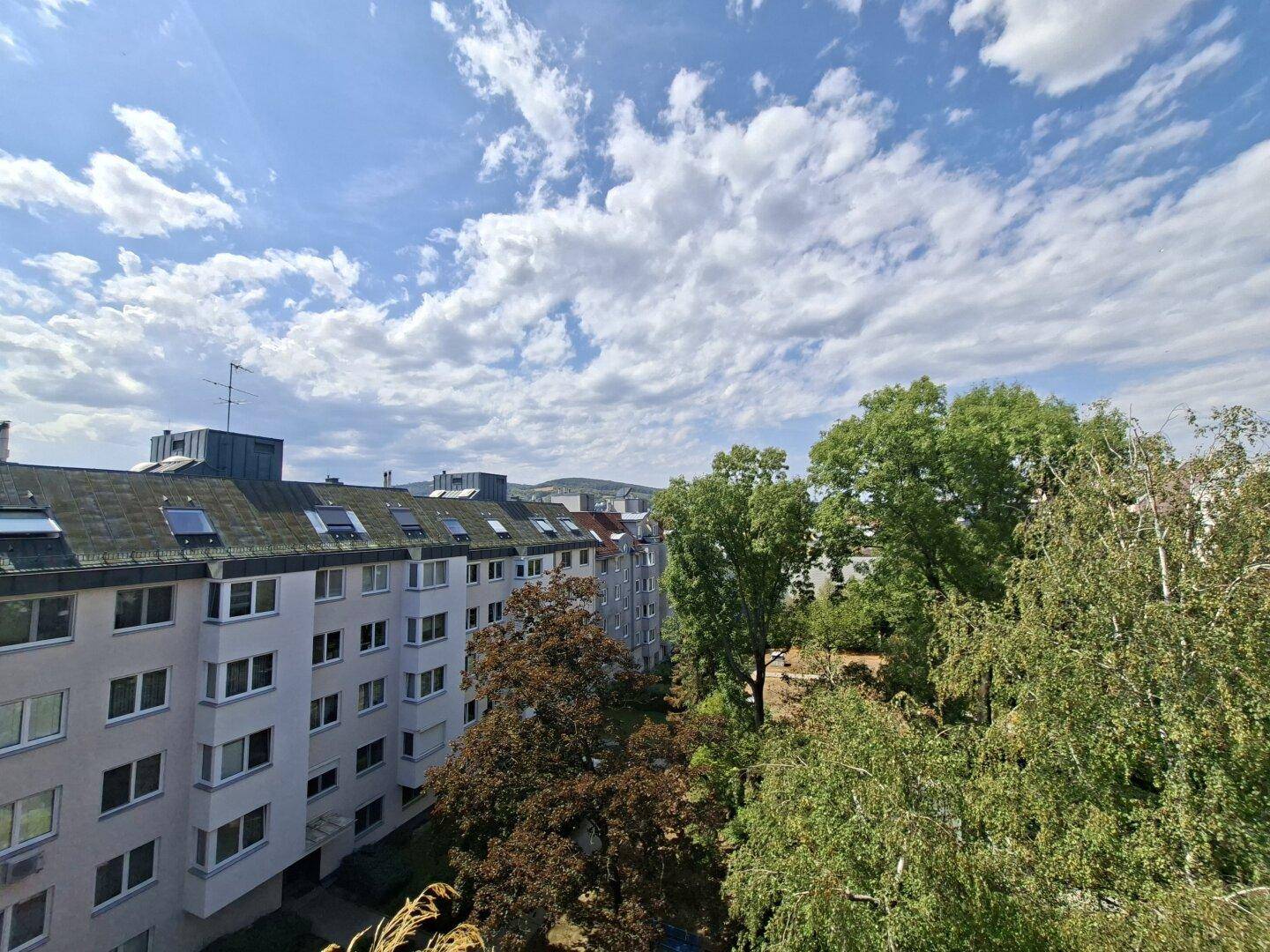 Weitläufiger Ausblick auf Wohngebäude und üppige Baumkronen in der Umgebung.