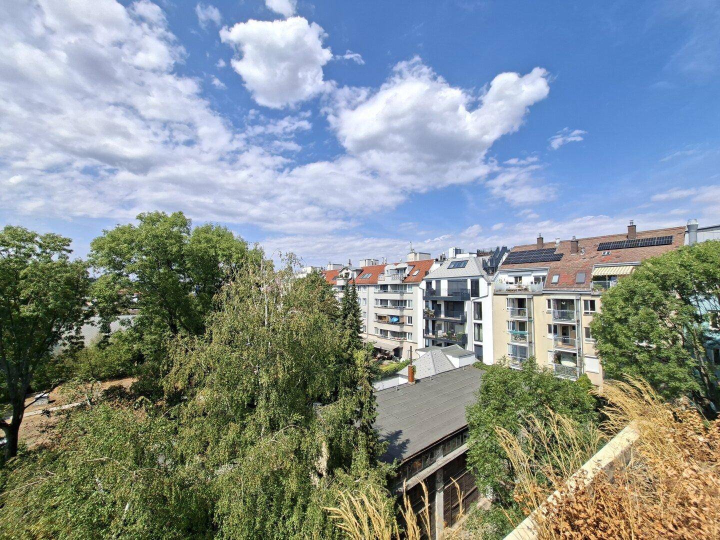 Panoramablick über die Stadt mit vielen Bäumen und Wohngebäuden unter blauem Himmel.