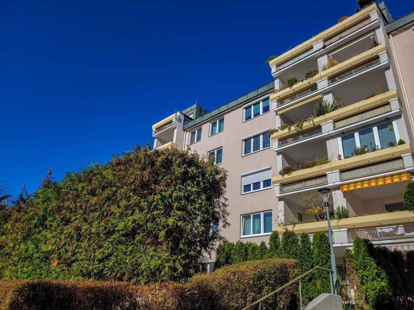 Wohngebäude mit Balkonen und einer großen, gepflegten Hecke im Vordergrund unter blauem Himmel.
