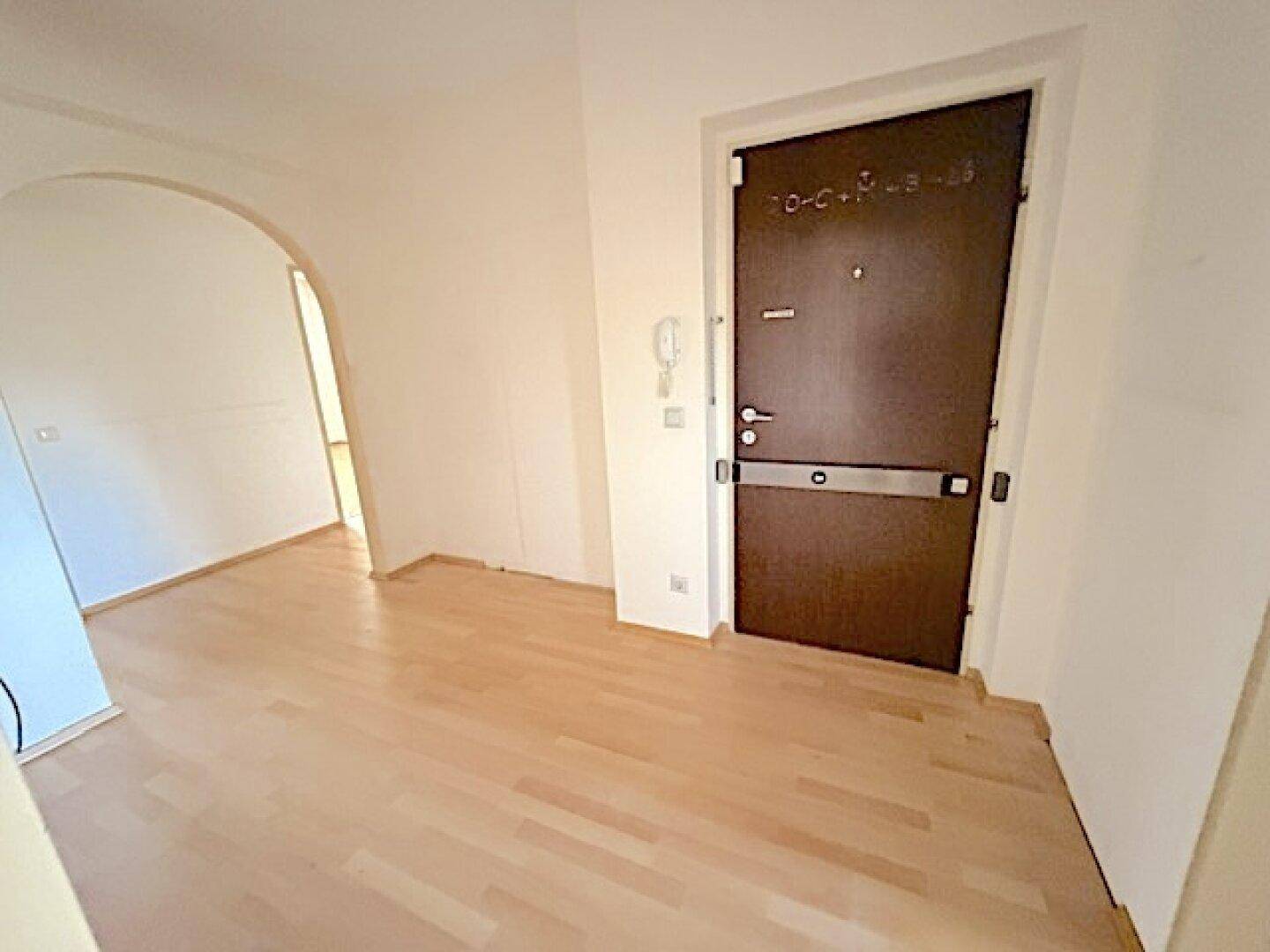 Eingangsbereich der Wohnung mit Holzboden und einer Sicherheitstür.