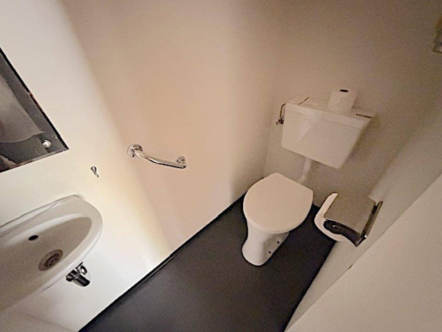 Kleines Gäste-WC mit Waschbecken, Toilette und Haltegriff.