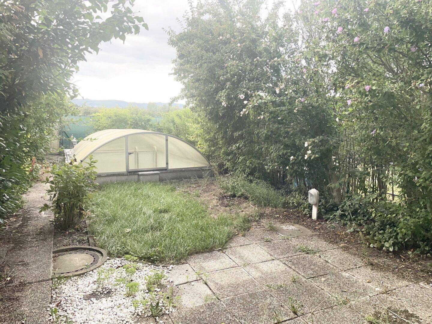Überwachsener Gartenbereich mit einem überdachten Pool und einer gepflasterten Terrasse.