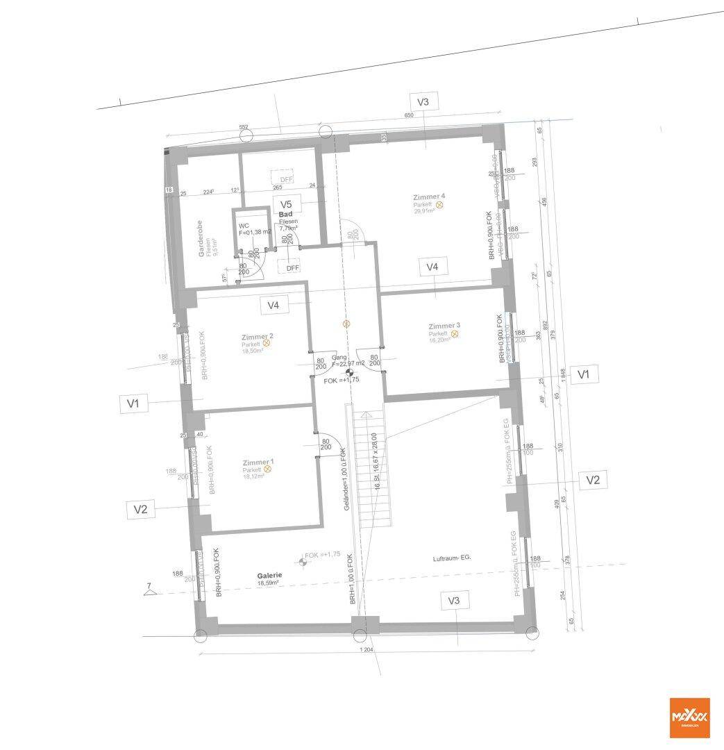 Grundriss des Obergeschosses mit mehreren Zimmern und Galeriebereich.
