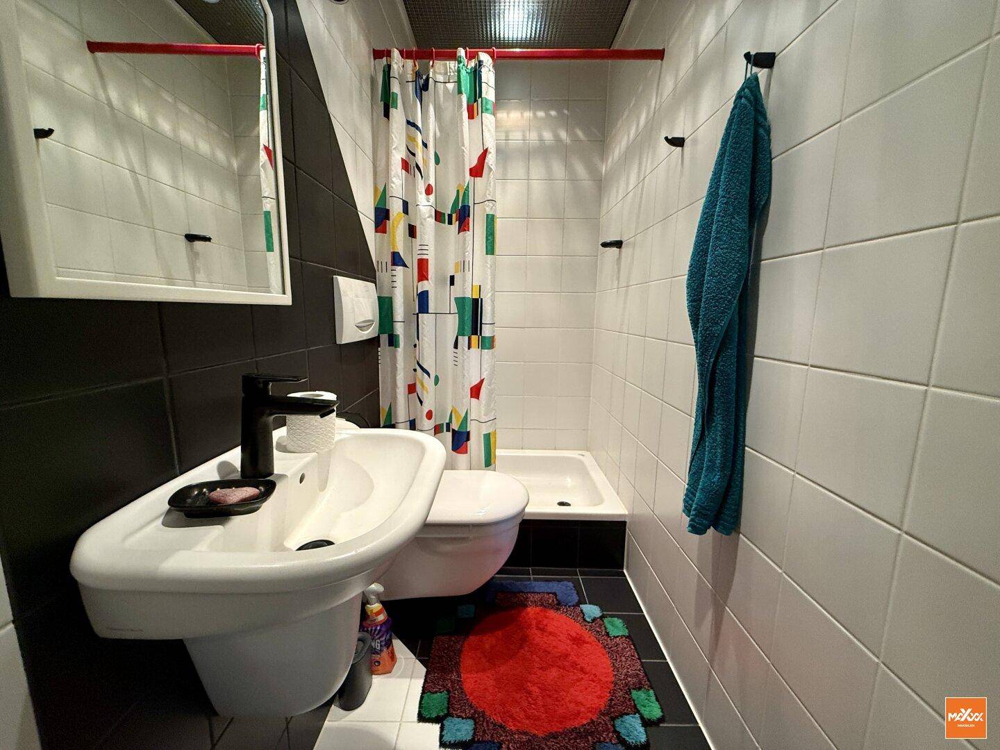 Kleines Badezimmer mit Dusche, WC und modernem Waschbecken.
