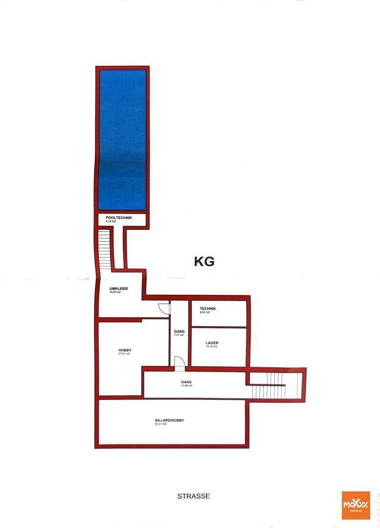 Grundriss des Kellergeschosses mit Hobbyraum, Technikraum und Lagerflächen.
