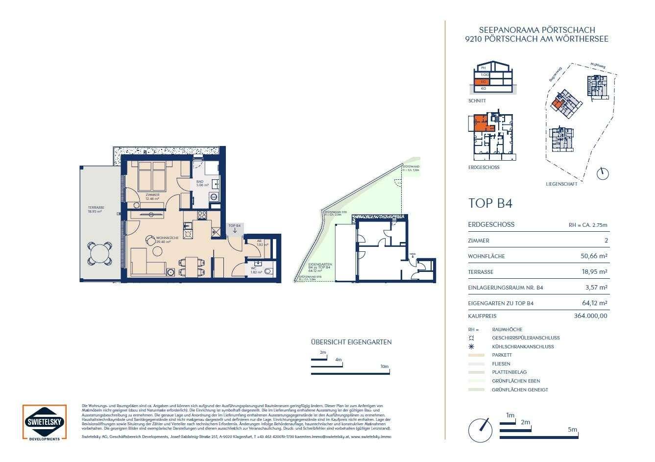 Detaillierter Grundriss der Wohnung Top B4 mit Wohnfläche und Terrassenbereich.