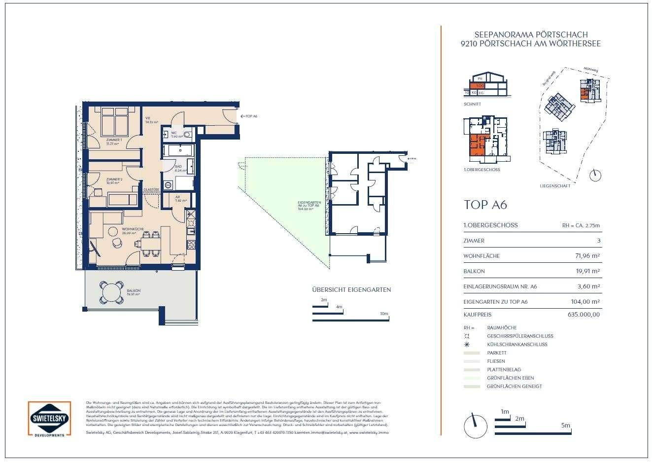 Detaillierter Grundriss einer Wohnung mit drei Zimmern, Balkon und eigenem Gartenbereich.