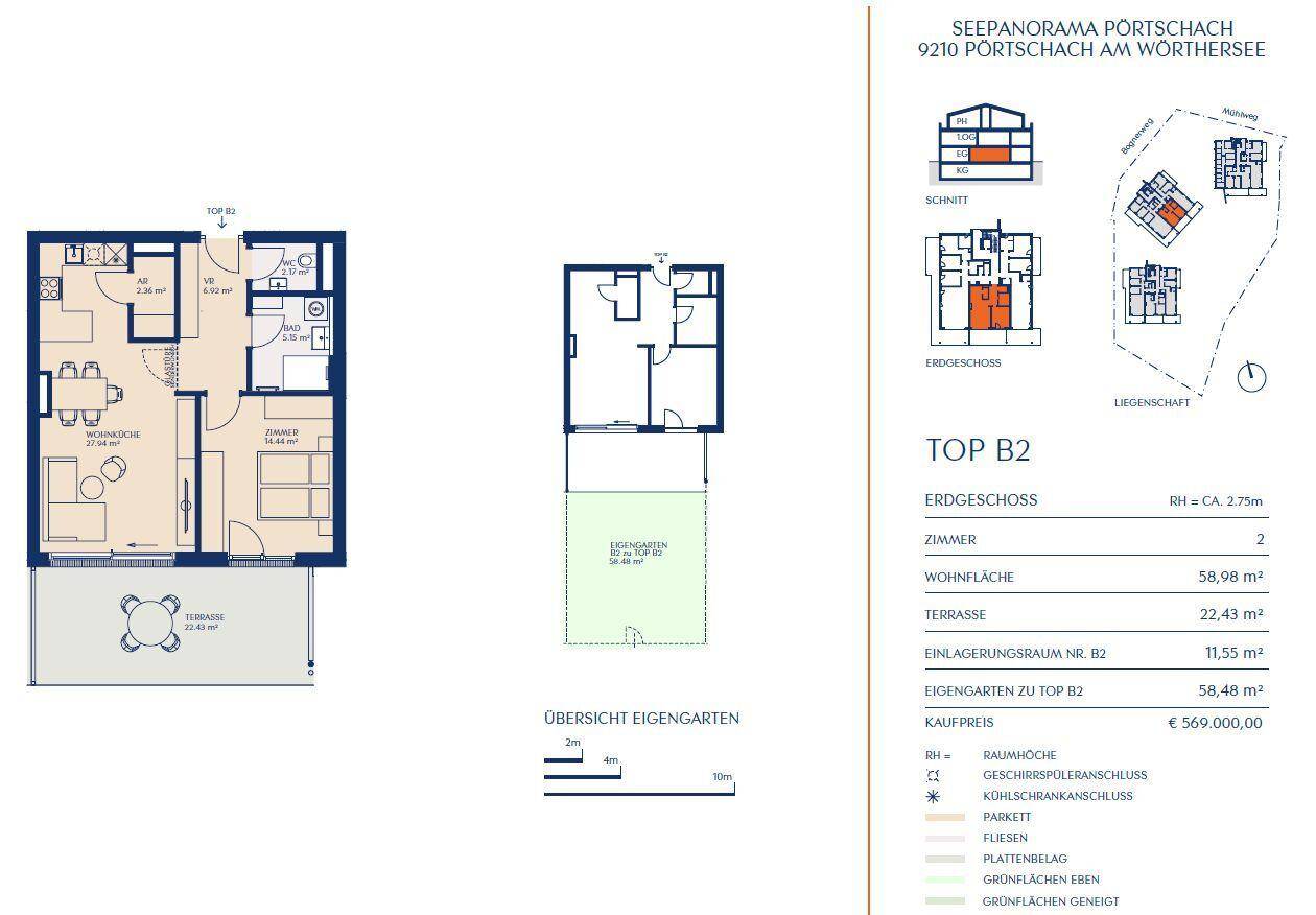 Grundriss der Erdgeschosswohnung TOP B2 mit Terrasse und eigenem Gartenbereich.